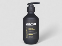 Black conditioner bottle with pump labeled 'Auviya' on a light gray background