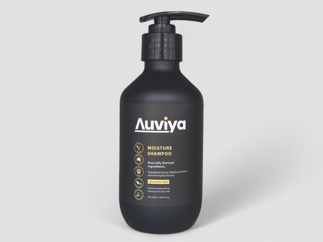 Black shampoo bottle with pump labeled 'Auviya' on a light gray background